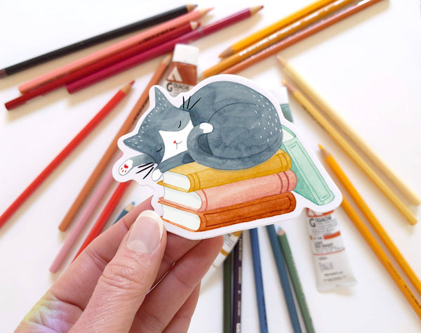 Cat and Books Sticker