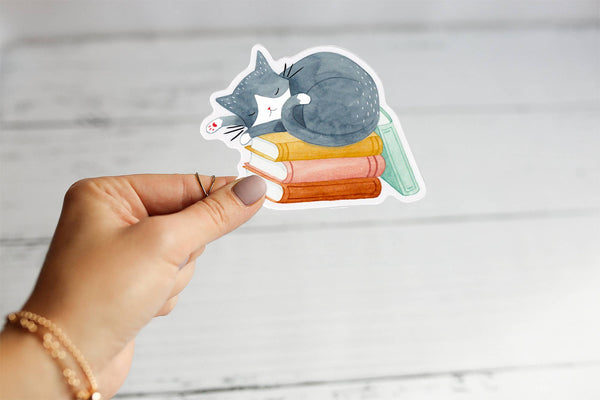 Cat and Books Sticker